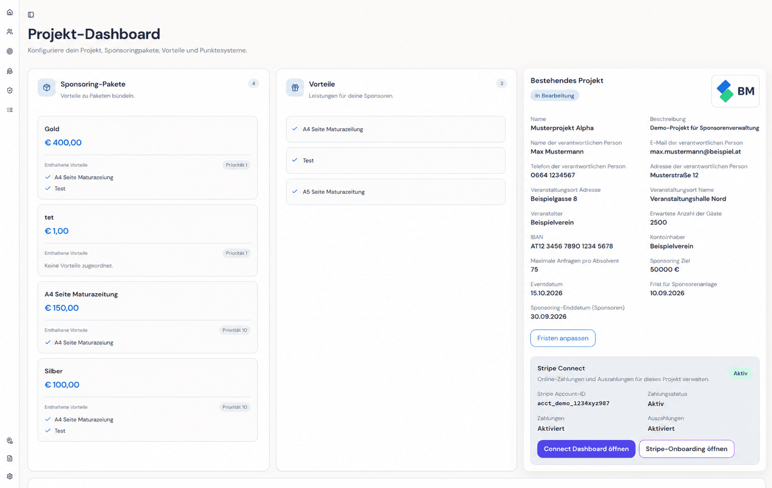 ESECON Projekt-Dashboard mit Sponsoringpaketen, Vorteilen, Ballinformationen und Zahlungsanbindung
