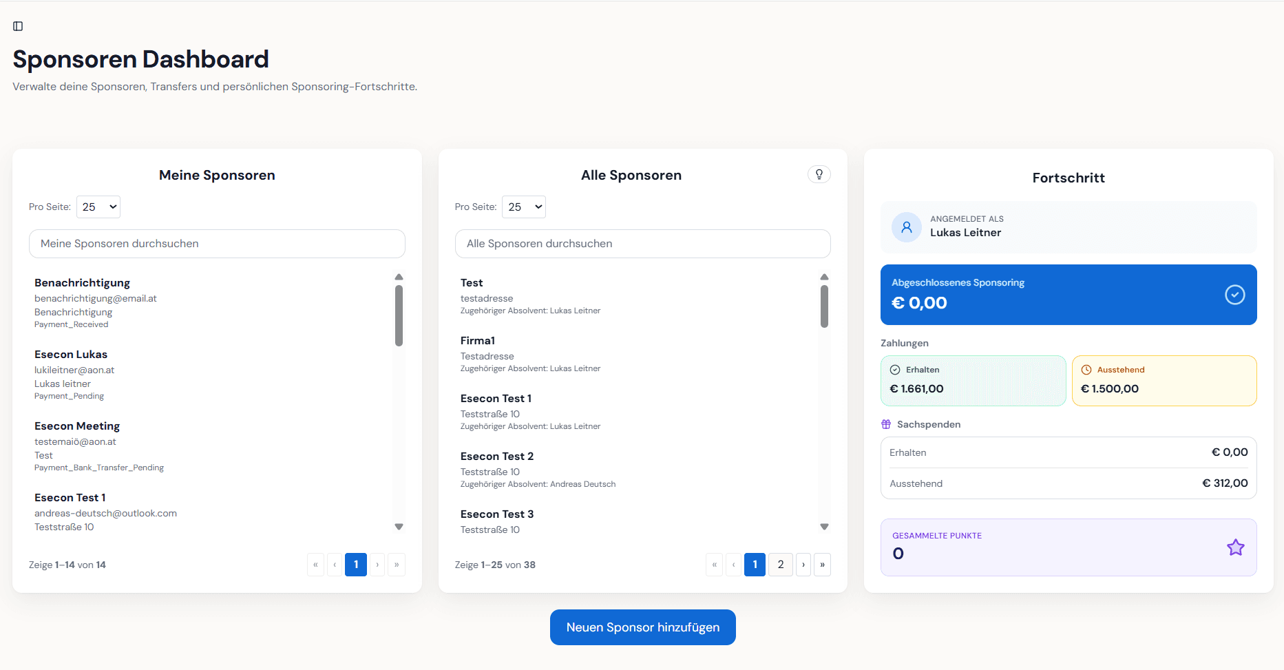 ESECON Sponsoren-Dashboard mit eigenen Kontakten, allen Sponsoren, Zahlungen und persönlichen Punkten